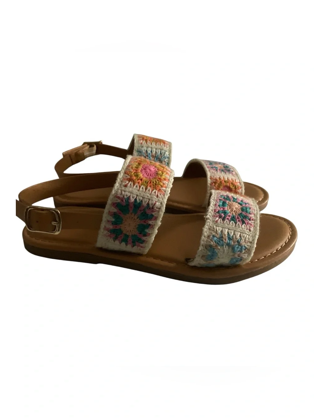 Zara Tan Leather Sandals with Multicolor Crochet Straps Girl 13